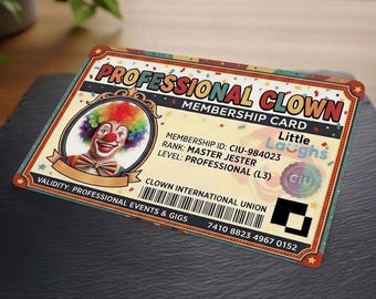 Carte de membre professionnel de clown - Carte en plastique brillant - Souvenir amusant et original
