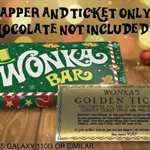 以下が含まれることがあります： 「Wonka Bar」の文字が入った緑色のウォンカバーの包装紙と金のチケット。 包装紙には雪の結晶、星、ギフトボックスを使ったお祝いのデザインが施されています。 金のチケットには「Wonka's Golden Ticket」と書かれています。