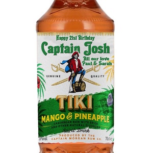 Personalisierte Captain Morgan Tiki Mango + Ananas DieCut Flaschenetikett - Vorgeschnittene und glänzende Oberfläche - Fügen Sie einen beliebigen Text hinzu