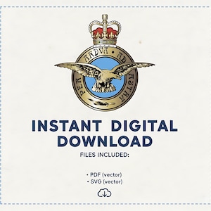 Puede incluir: Gráfico de descarga digital con un emblema azul y dorado con un pájaro y una corona. El texto dice "INSTANT DIGITAL DOWNLOAD" y enumera archivos vectoriales PDF y SVG. Un icono de nube está en la parte inferior.