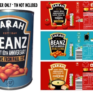 Personalised Tin Label/Sticker - 10th Wedding Anniversary Gift- For Baked Beans, Tomato/Chicken Soup