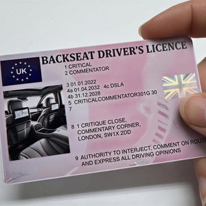 Back Seat Drivers Licence - Novelty Gift, Keepsake - Single Sided