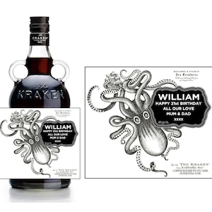 Personalisiertes KRAKEN RUM DieCut Flaschenetikett / Aufkleber - Vorgeschnitten - Fügen Sie einen beliebigen Text hinzu