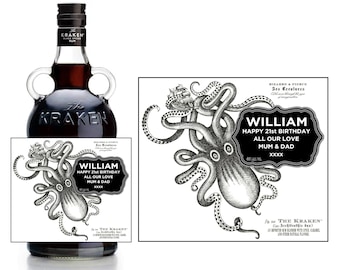 Personalised KRAKEN RUM DieCut Bottle Label/Sticker - Pre-cut - Add Any Text
