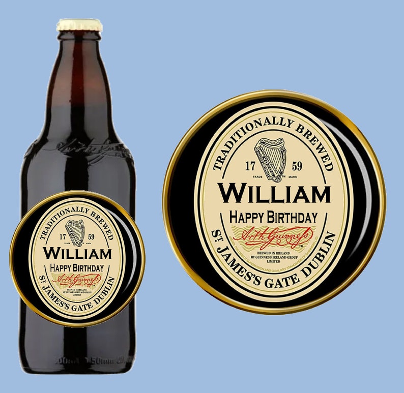 May include: A personalized beer bottle label with a gold border and black background. The label features a harp, the text "TRADITIONALLY BREWED", "WILLIAM", "HAPPY BIRTHDAY", "ST. JAMES'S GATE DUBLIN", and the Guinness logo.