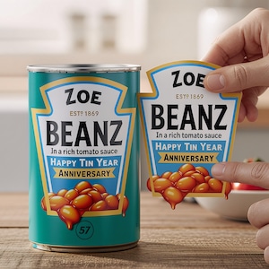 Personalised Baked Beans Tin Label/Sticker - DieCut - ADD ANY TEXT
