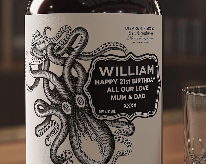 Personalised KRAKEN RUM DieCut Bottle Label/Sticker - Pre-cut - Add Any Text