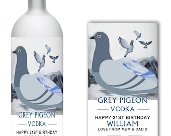 Personalised Grey Pigeon Joke Vodka Bottle Label/Sticker - Add Any Text/Occasion