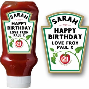 Gepersonaliseerde Happy Birthday-ketchuplabel/-sticker - gestanst - VOEG ELKE TEKST toe
