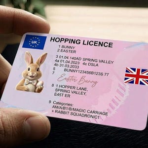 Peut inclure: Une carte rose de permis de sauter avec un lapin de dessin animé et le texte "Bunny" et "Easter". La carte comprend l'adresse "Hopper Lane" et un drapeau britannique. L'Union Jack est affiché sur le côté droit de la carte.