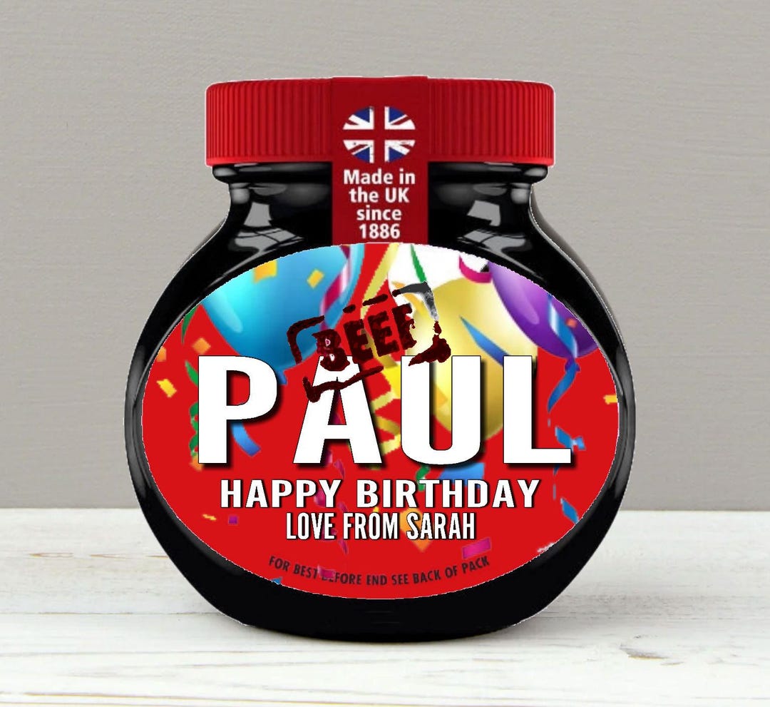 500g Sticker Personalised Happy Birthday Bovril Jar Label/sticker- ADD ANY TEXT ...