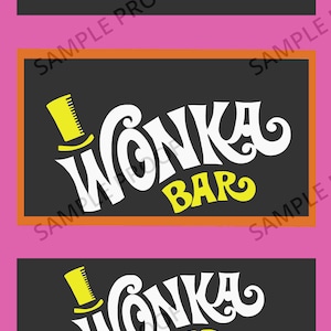 May include: A graphic design featuring the words "Wonka Bar" in white and yellow, with a yellow top hat icon. The design is set against a black background with an orange border, on a pink background.