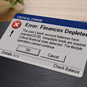 Peut inclure: Une image de fenêtre contextuelle d'ordinateur avec le texte "CRITICAL ERROR" et "Error: Finances Depleted." Le message indique un solde nul et la nécessité de fonds immédiats. Les boutons incluent "OK", "Cancel" et "Check Balance."