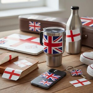 4 X Union Jack Flag Stickers – Super Shiny Domed 20mm – Black & Chrome – Little Gems