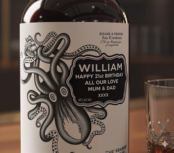 Personalised KRAKEN RUM DieCut Bottle Label/Sticker - Pre-cut - Add Any Text