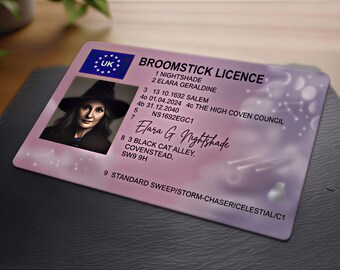 Licence personnalisée de manche à balai de sorcière - Cadeau amusant de fantaisie d'Halloween, carte souvenir en plastique