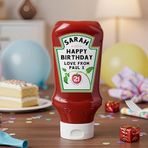 パーソナライズされたハッピーバースデーケチャップラベル/ステッカー - ダイカット - 任意のテキストを追加