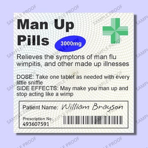 Personalised MAN UP PILLS Prescription Label/Sticker - Birthday/Christmas Gift