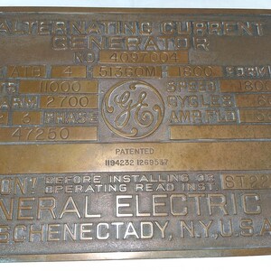 GE General Electric Heavy Brass Plaque Sign - Alternating Current Generator General Electric Co GE Heavy Brass Plaque/Sign - Rare