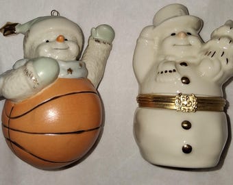 LENOX Treasures Trinket Box Snowman Surprise Box and Lenox Snowman Basketball Ornament - Lot of LENOX Items