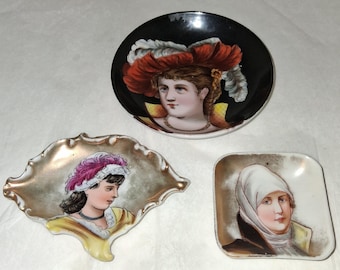 Vintage Hand Painted Porcelain Portrait Plates 3 with Victorian Women BEAUTIFUL