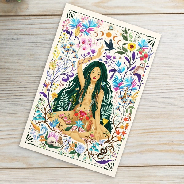 Divine Feminine Postcard, Spiritual Art Mindfulness Gift, Meditation Postcard, Astrology Gift, Sacred Feminine Floral Art, Fertility Goddess