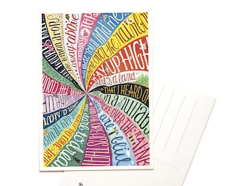 Over the Rainbow Postcard, Typography Song Lyrics Art, Wizard of Oz Illustration, Film Art Print, Pop Culture Card, Fan Art Song Postcard