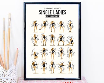 Single Ladies Dance Music Poster, Queen B Gift for Her, Dance Tutorial Illustration, Funny Poster, Fun Pop Art Wall Art, Typography Lyrics