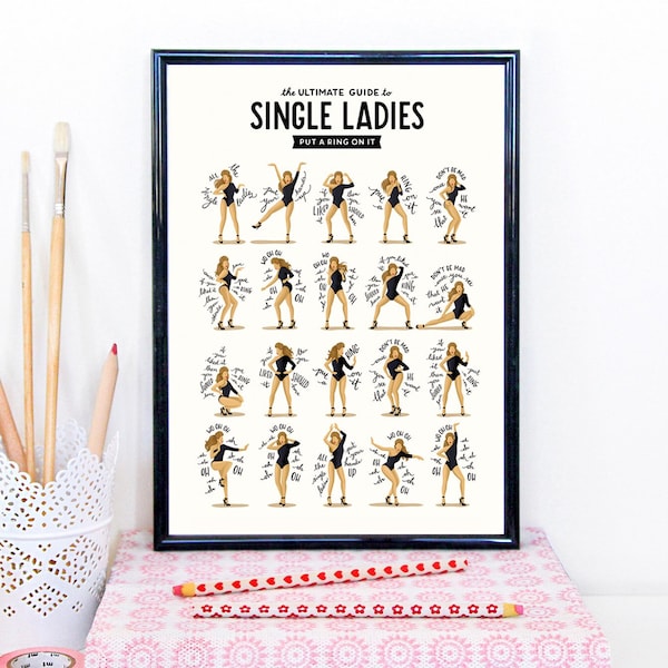 Single Ladies Dance Music Poster, Queen B Gift for Her, Dance Tutorial Illustration, Funny Poster, Fun Pop Art Wall Art, Typography Lyrics