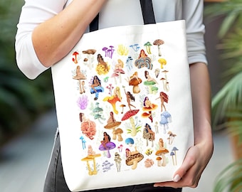 Mushroom Nymphs Art Tote Bag, Divine Feminine, Botanical Fungi