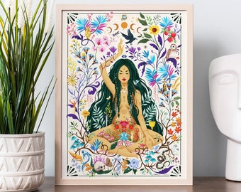 Impression encadrée féminine divine, cadeau d'art spirituel pour femme, cycles de la nature, phases de la lune, art féminin sacré, cadeau d'art astrologie méditation