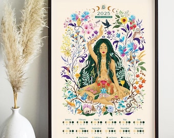 Divine Feminine Lunar Calendar 2025, Moon Phase Calendar, Spiritual Art Gift, Moon Cycle Chart, Astrology Wall Art, Moon Phase Wall Art