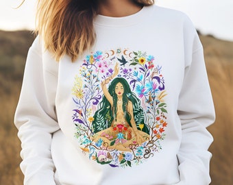 Divine Feminine Sweatshirt, Spiritual Art Mindfulness Sweater, Goddess Gift, Nature Cycles Moon Phases, Sacred Feminine Gift, Astrology Gift