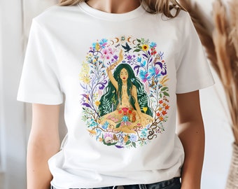 Chemise féminine divine, T-shirt art spirituel pleine conscience, cadeau déesse, cycles de la nature, phases de la lune, cadeau féminin sacré, cadeau astrologie