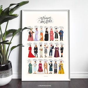 Puede incluir: Una ilustración colorida de 24 mujeres de las artes, incluyendo artistas, músicas, escritoras y actrices. Las mujeres están representadas en varias poses y visten ropa colorida. El título de la ilustración es "Women of the Arts".