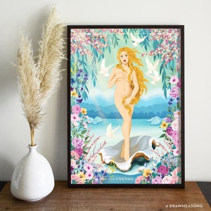 Puede incluir: Una ilustración digital de la diosa Venus de pie sobre una concha. Tiene el pelo largo y rubio y está rodeada de palomas blancas y flores rosas y moradas. El texto "VENUS" está escrito debajo de ella.