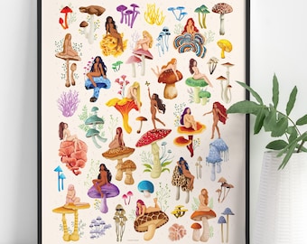 Mushroom Nymphs Botanical Art Print, Divine Feminine Fungi Poster