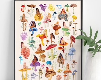 Mushroom Nymphs Framed Art Print, Divine Feminine Botanical Poster