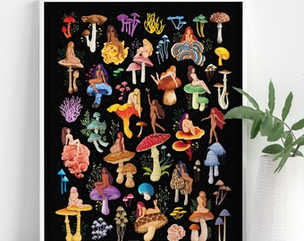 Mushroom Nymphs Art Print, Botanical Fungi Poster, Divine Feminine Energy