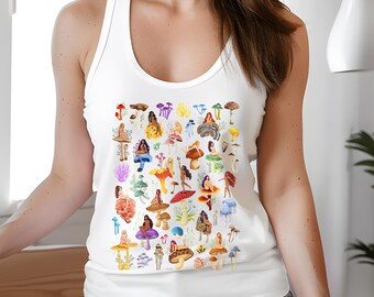 Mushroom Nymphs Racerback Tank Top, Divine Feminine Botanical Art