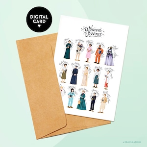 Cartão de felicitações para impressão de mulheres da ciência, cartão de aniversário digital de empoderamento feminino, mulheres na haste, presente inspirador, feminismo, arte cientista