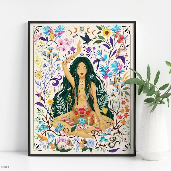 Goddelijke vrouwelijke muurkunst print, heilige vrouwelijke poster, spirituele kunst cadeau voor haar, maanstanden kunst, natuur altaar decor astrologie kunst aan de muur