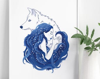 Wild Woman Wolf Art Print, Divine Feminine Spiritual Decor