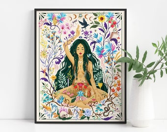 Divine Feminine Art Print, Spiritual Art Mindfulness Gift, Nature Cycles, Moon Phases, Sacred Feminine Mysteries, Astrology Wall Art Gift