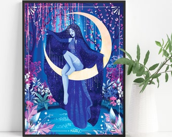 Moon Goddess Wall Art Print, Egyptian Goddess Nut Poster, Celestial Art Divine Feminine Decor, Spiritual Gift for Her, Night Sky Wall Art