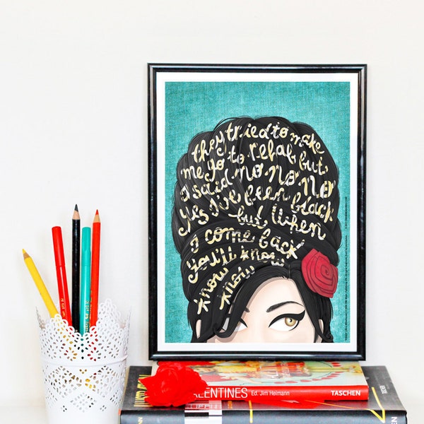 Rehab Amy Winehouse Music Poster, Typography Lyrics, Home Decor Gift, Music Illustration, Pop Art Wall Art, Creative Gift for Her, Art Print