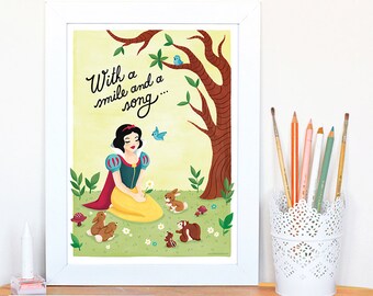 Snow White Poster, Fairy Tale Print, Disney Princess Illustration, Nursery Decor, Cute Children Wall Art, Kids Gift, Baby Shower Gift
