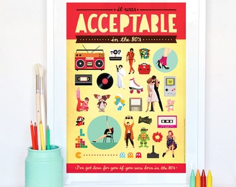 Acceptable in the 80s Typography Poster, Pop Art Illustration, Pop Culture Gift, Home Decor, Eighties Fun Music Art Print, 80s Nostalgia