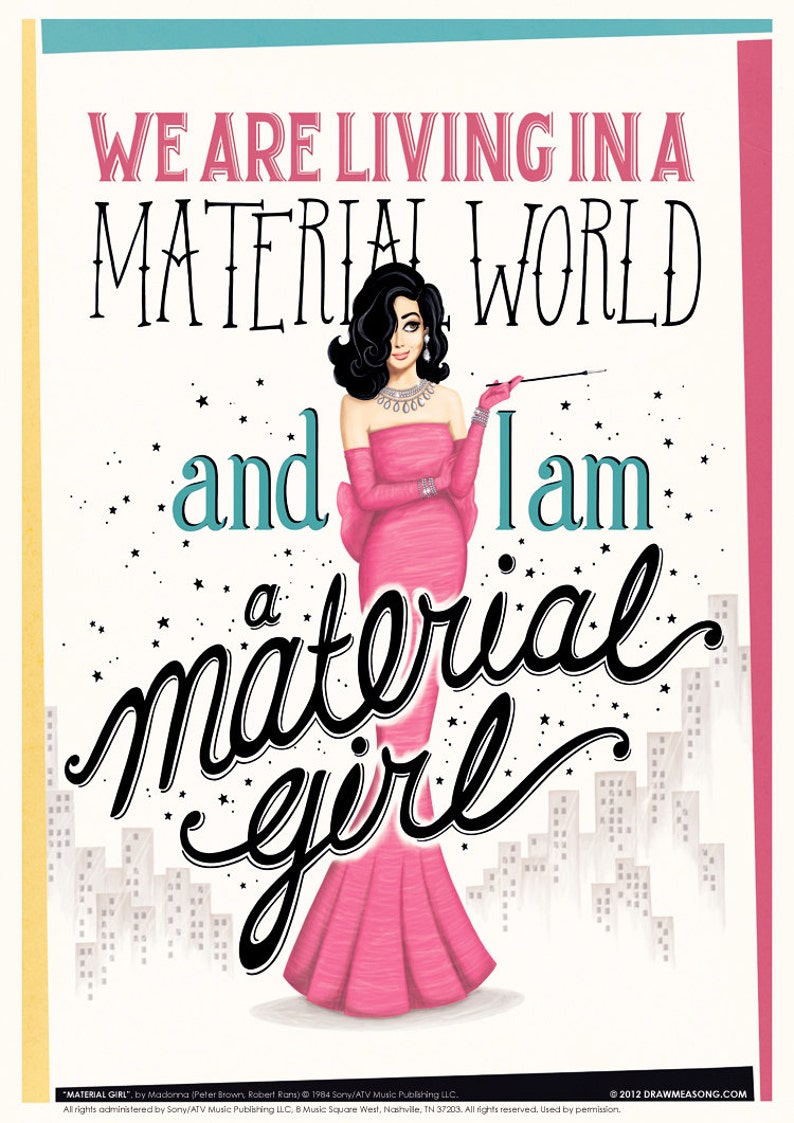 Material Girl Music Poster Vintage Typography Lyrics Art Etsy