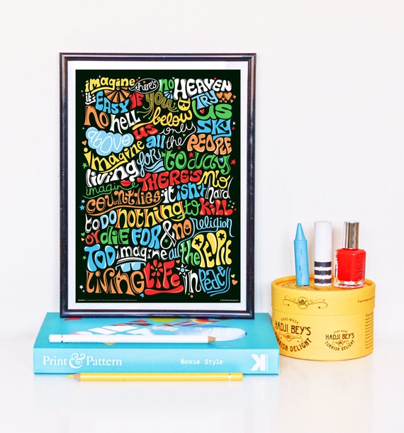 Imagine Psychedelic Typography Print, Song Lyrics Art Print, Rock